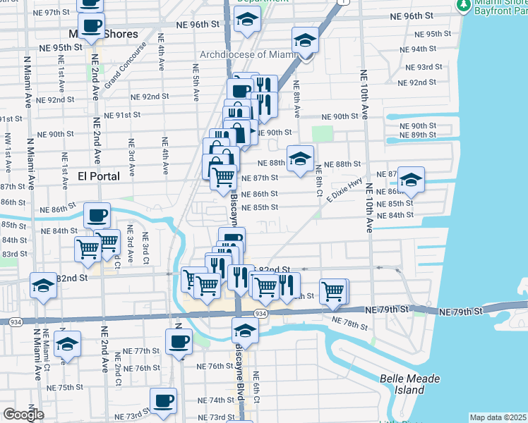 map of restaurants, bars, coffee shops, grocery stores, and more near 701 Northeast 85th Street in Miami