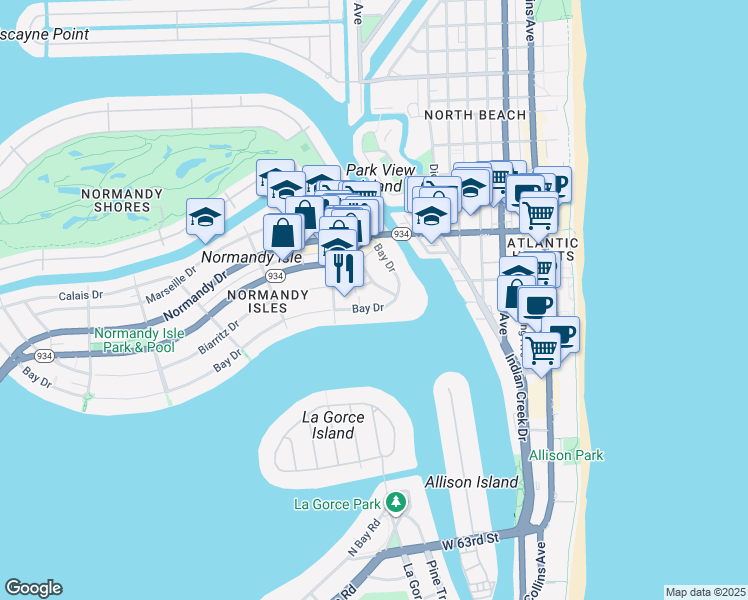 map of restaurants, bars, coffee shops, grocery stores, and more near 965-975 Biarritz Drive in Miami Beach