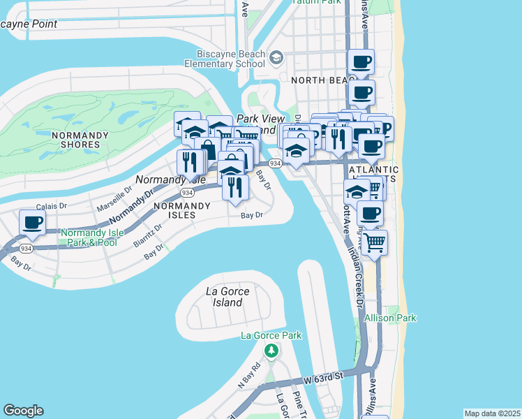 map of restaurants, bars, coffee shops, grocery stores, and more near 927 Bay Drive in Miami Beach