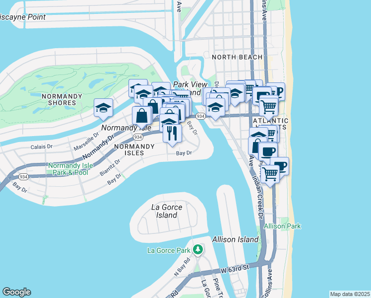 map of restaurants, bars, coffee shops, grocery stores, and more near 965-975 Biarritz Drive in Miami Beach