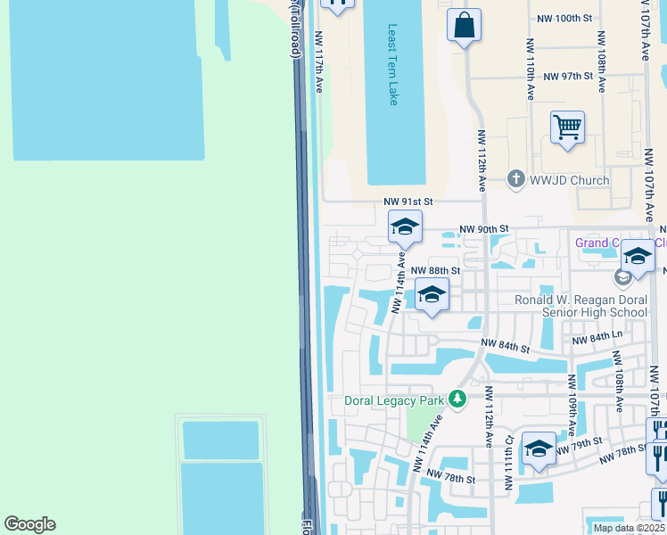 map of restaurants, bars, coffee shops, grocery stores, and more near 11668 Northwest 88th Lane in Doral