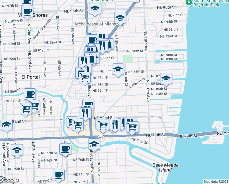 map of restaurants, bars, coffee shops, grocery stores, and more near 760 Northeast 85th Street in Miami