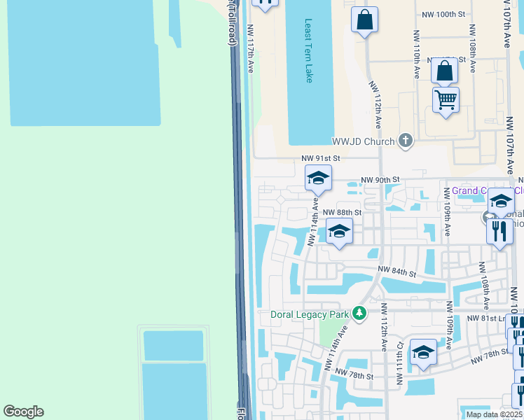 map of restaurants, bars, coffee shops, grocery stores, and more near 11668 Northwest 88th Lane in Doral