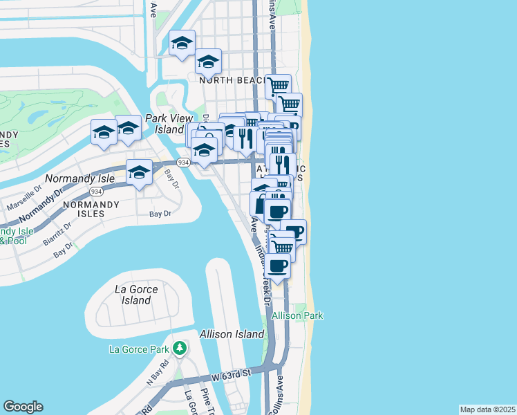 map of restaurants, bars, coffee shops, grocery stores, and more near 6855 Abbott Avenue in Miami Beach