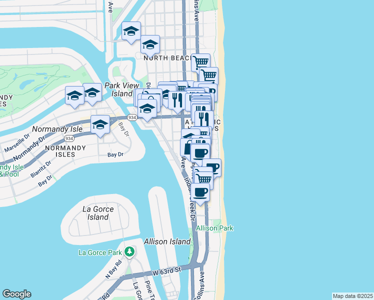 map of restaurants, bars, coffee shops, grocery stores, and more near 6890 Abbott Avenue in Miami Beach