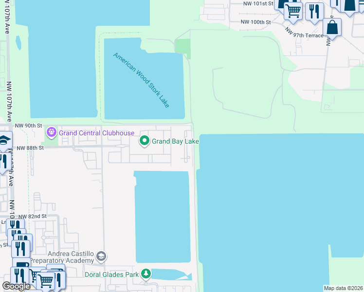 map of restaurants, bars, coffee shops, grocery stores, and more near 8484 Northwest 97th Avenue in Doral