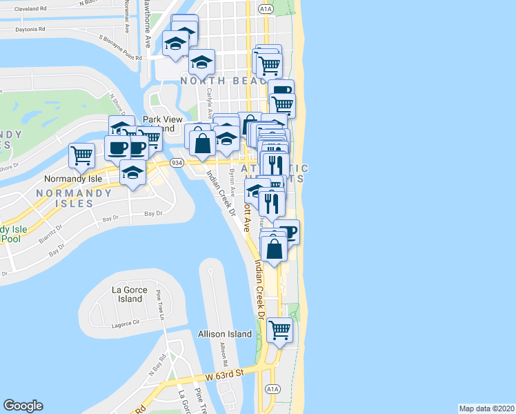 map of restaurants, bars, coffee shops, grocery stores, and more near in Miami Beach
