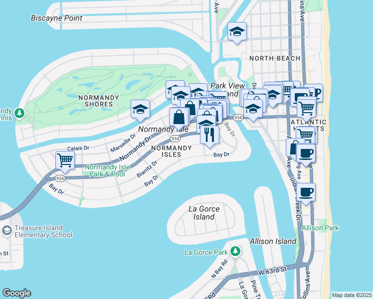 map of restaurants, bars, coffee shops, grocery stores, and more near 1195 Biarritz Drive in Miami Beach
