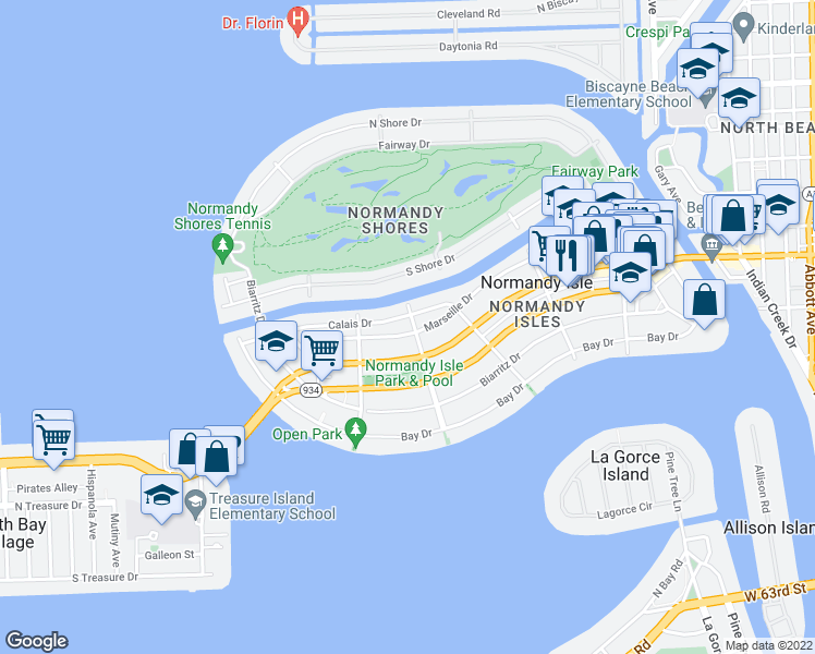 map of restaurants, bars, coffee shops, grocery stores, and more near 1550 Calais Drive in Miami Beach