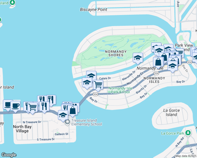 map of restaurants, bars, coffee shops, grocery stores, and more near 1995 Calais Drive in Miami Beach