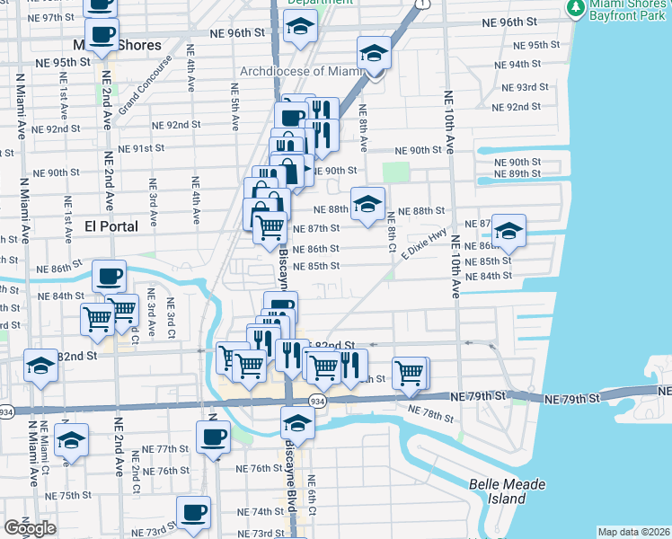 map of restaurants, bars, coffee shops, grocery stores, and more near 701 Northeast 85th Street in Miami