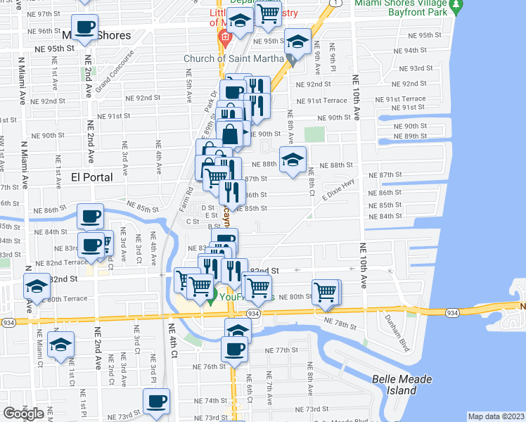 map of restaurants, bars, coffee shops, grocery stores, and more near 701 Northeast 85th Street in Miami