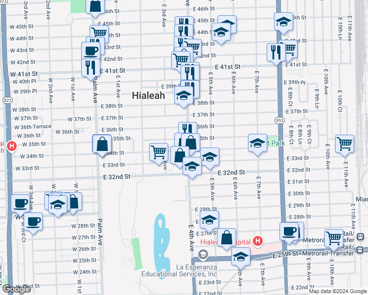 map of restaurants, bars, coffee shops, grocery stores, and more near 338 East 35th Street in Hialeah
