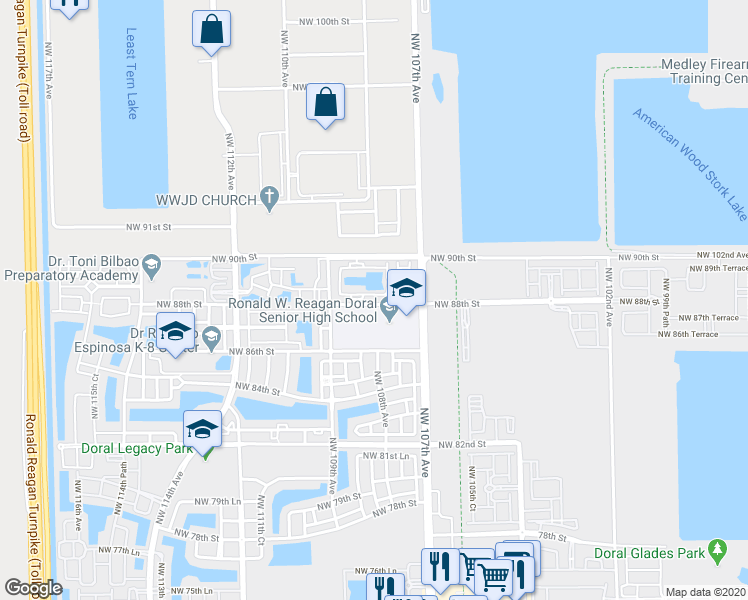 map of restaurants, bars, coffee shops, grocery stores, and more near 10855 Northwest 88th Terrace in Doral
