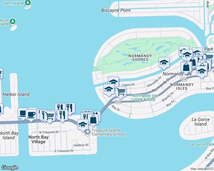 map of restaurants, bars, coffee shops, grocery stores, and more near 2131 Calais Drive in Miami Beach