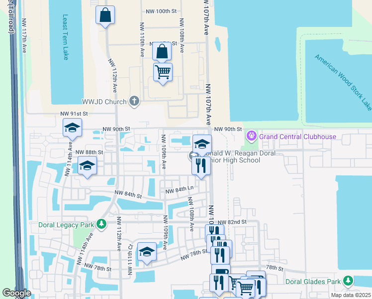 map of restaurants, bars, coffee shops, grocery stores, and more near 10855 Northwest 88th Terrace in Doral
