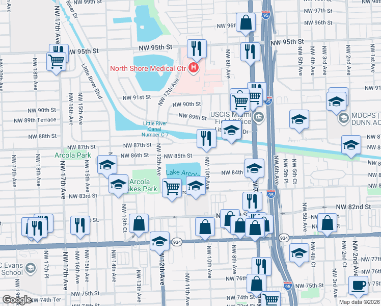 map of restaurants, bars, coffee shops, grocery stores, and more near 1100 Northwest 87th Street in Miami