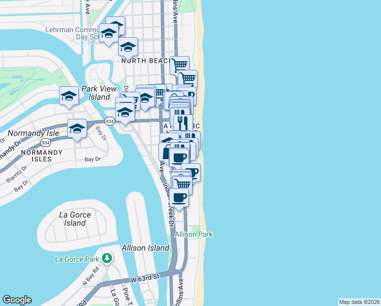 map of restaurants, bars, coffee shops, grocery stores, and more near 6889 Florida A1A in Miami Beach