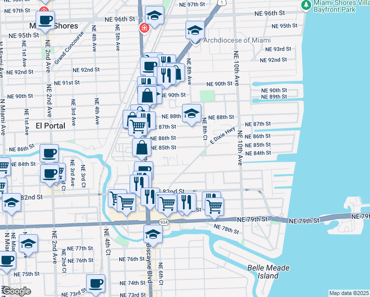 map of restaurants, bars, coffee shops, grocery stores, and more near 760 Northeast 85th Street in Miami