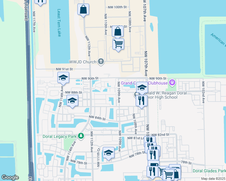 map of restaurants, bars, coffee shops, grocery stores, and more near 10921 Northwest 88th Terrace in Doral