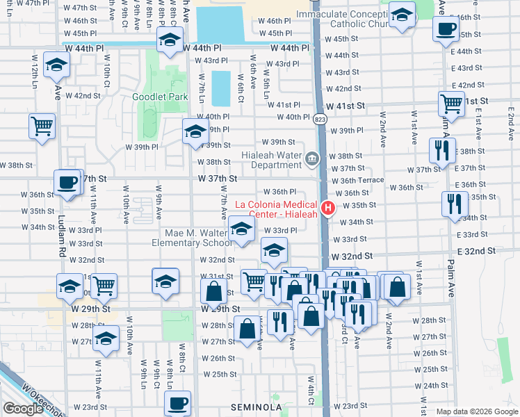 map of restaurants, bars, coffee shops, grocery stores, and more near 561 West 35th Place in Hialeah