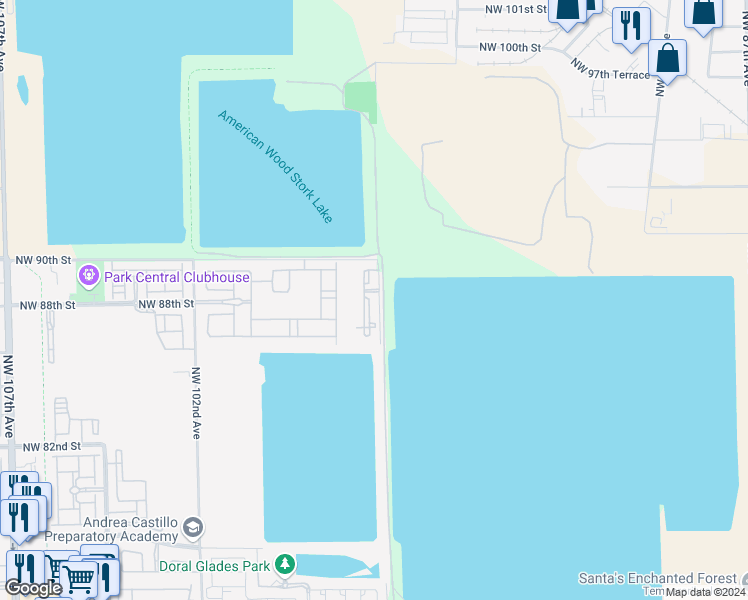 map of restaurants, bars, coffee shops, grocery stores, and more near 8484 Northwest 97th Avenue in Doral
