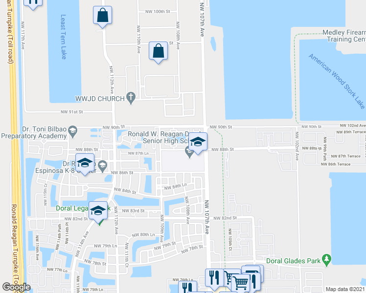 map of restaurants, bars, coffee shops, grocery stores, and more near 10855 Northwest 88th Terrace in Doral