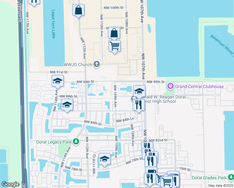 map of restaurants, bars, coffee shops, grocery stores, and more near 7 Northwest 88th Terrace in Doral