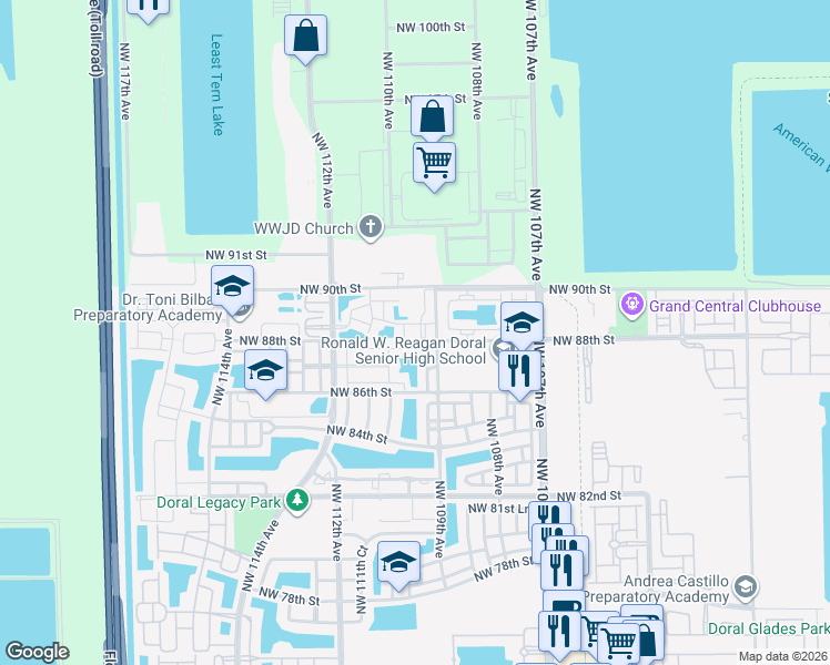 map of restaurants, bars, coffee shops, grocery stores, and more near 10921 Northwest 88th Terrace in Doral