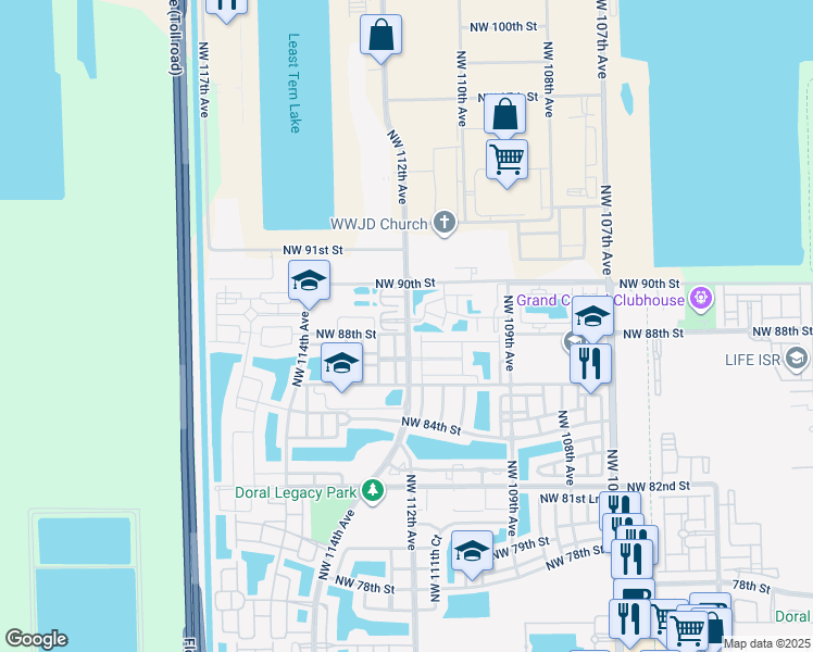 map of restaurants, bars, coffee shops, grocery stores, and more near 8612 Northwest 112th Avenue in Doral