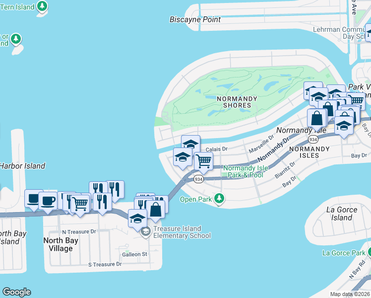 map of restaurants, bars, coffee shops, grocery stores, and more near 970 South Shore Drive in Miami Beach