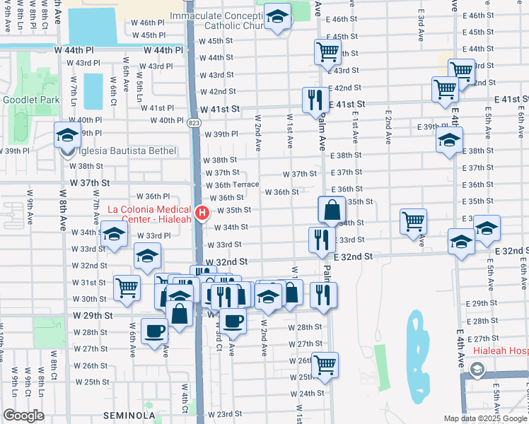 map of restaurants, bars, coffee shops, grocery stores, and more near 171 West 35th Street in Hialeah