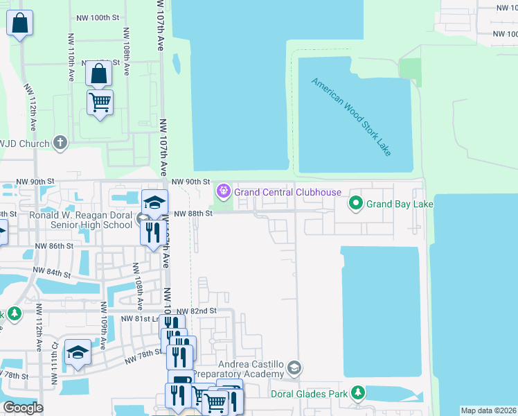 map of restaurants, bars, coffee shops, grocery stores, and more near 8839 Northwest 103rd Place in Doral