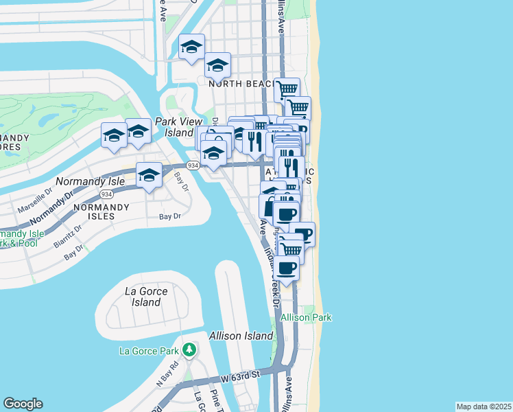 map of restaurants, bars, coffee shops, grocery stores, and more near 6890 Abbott Avenue in Miami Beach