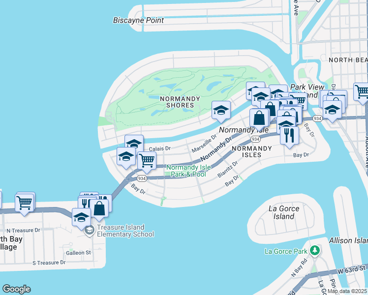 map of restaurants, bars, coffee shops, grocery stores, and more near 1745 Calais Drive in Miami Beach