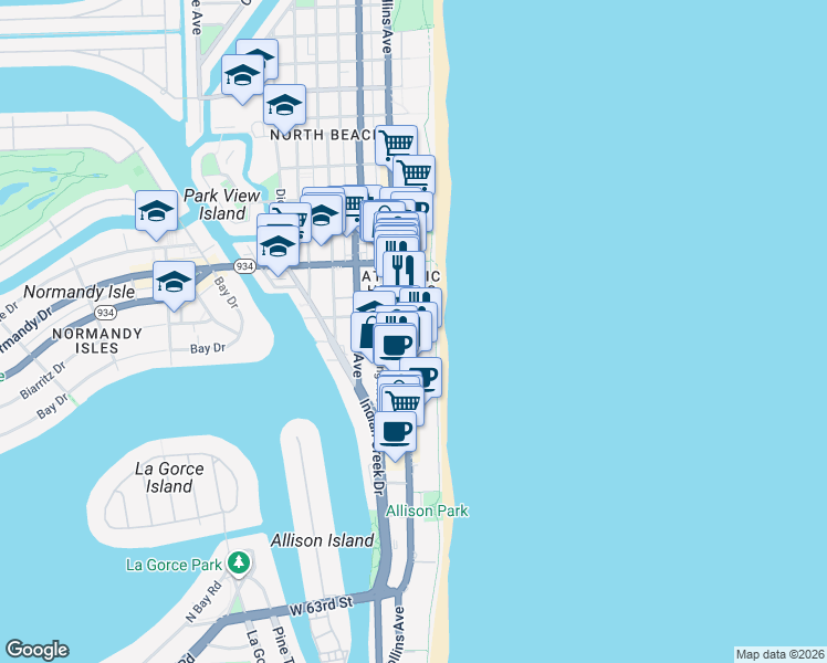 map of restaurants, bars, coffee shops, grocery stores, and more near 6889 Florida A1A in Miami Beach