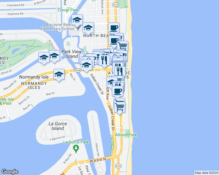 map of restaurants, bars, coffee shops, grocery stores, and more near 6890 Abbott Avenue in Miami Beach