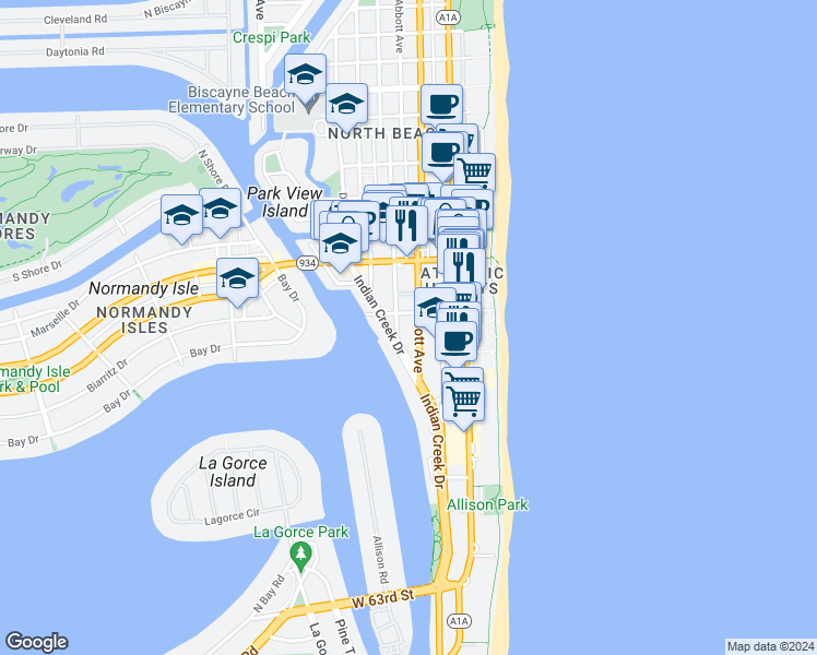 map of restaurants, bars, coffee shops, grocery stores, and more near 6890 Abbott Avenue in Miami Beach