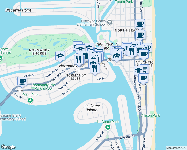 map of restaurants, bars, coffee shops, grocery stores, and more near 1109 Biarritz Drive in Miami Beach