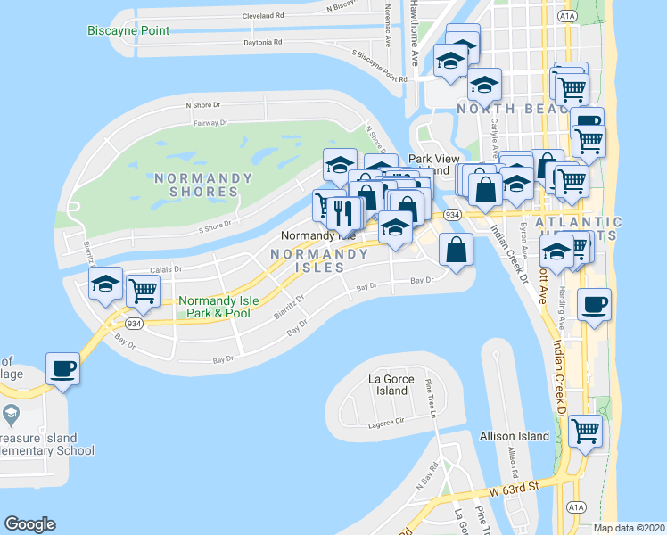 map of restaurants, bars, coffee shops, grocery stores, and more near 1330 Florida 934 in Miami Beach