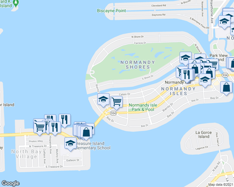 map of restaurants, bars, coffee shops, grocery stores, and more near 1995 Calais Drive in Miami Beach