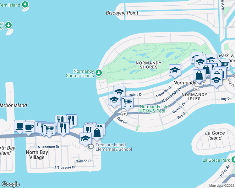 map of restaurants, bars, coffee shops, grocery stores, and more near 970 South Shore Drive in Miami Beach