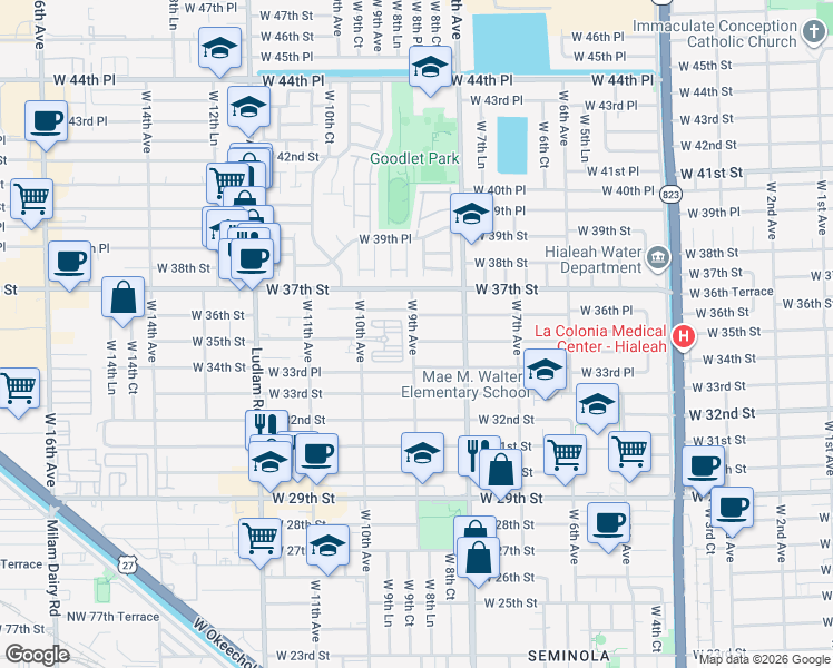map of restaurants, bars, coffee shops, grocery stores, and more near 3535 West 10th Avenue in Hialeah