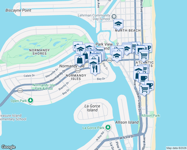 map of restaurants, bars, coffee shops, grocery stores, and more near 1109 Biarritz Drive in Miami Beach