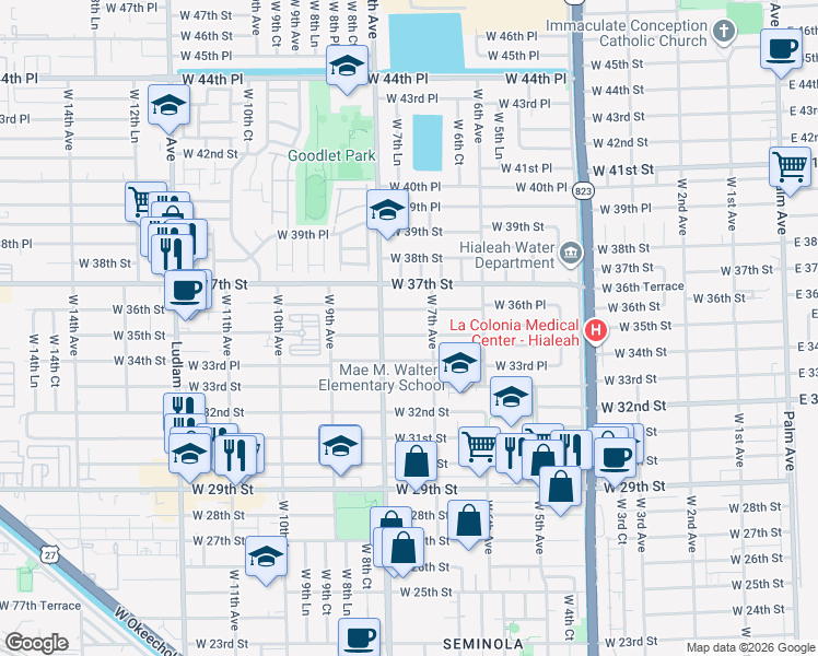 map of restaurants, bars, coffee shops, grocery stores, and more near 774 West 36th Street in Hialeah