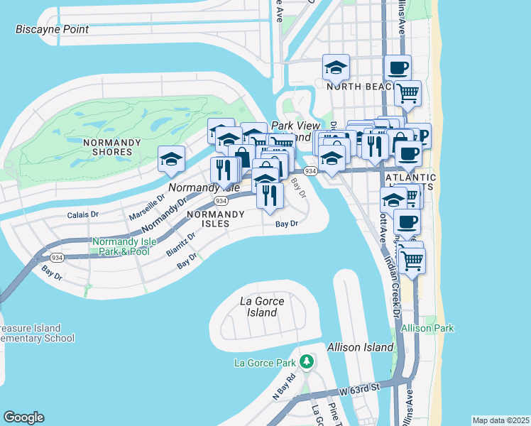 map of restaurants, bars, coffee shops, grocery stores, and more near 6835 Rue Versailles Drive in Miami Beach