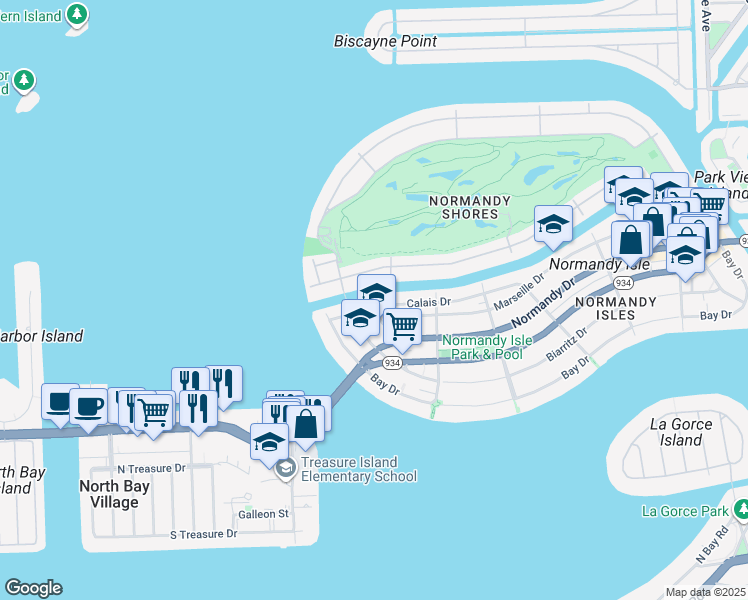 map of restaurants, bars, coffee shops, grocery stores, and more near 2033 Calais Drive in Miami