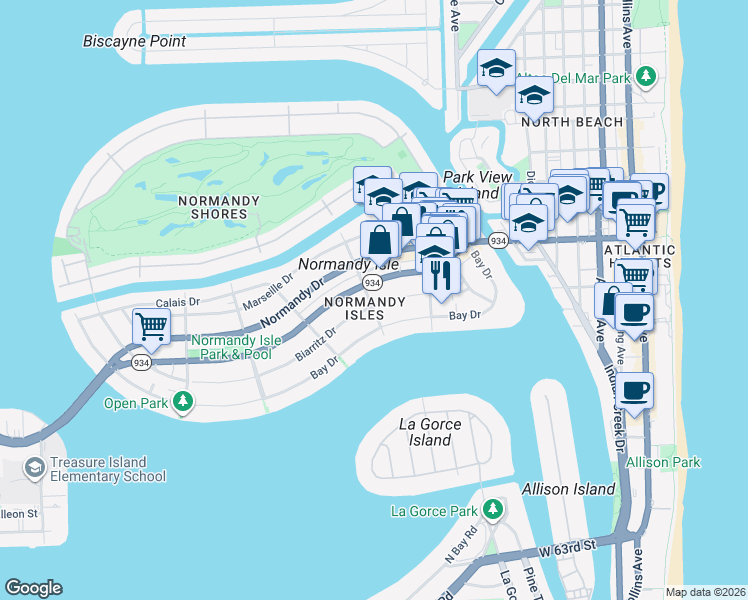 map of restaurants, bars, coffee shops, grocery stores, and more near 1195 Biarritz Drive in Miami Beach