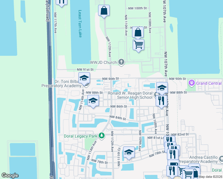 map of restaurants, bars, coffee shops, grocery stores, and more near 8608 Northwest 112th Avenue in Doral