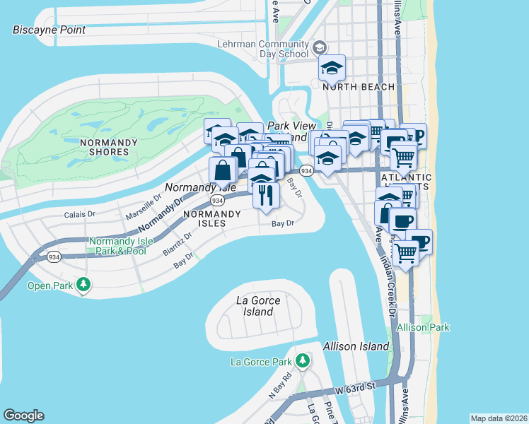 map of restaurants, bars, coffee shops, grocery stores, and more near 965-975 Biarritz Drive in Miami Beach